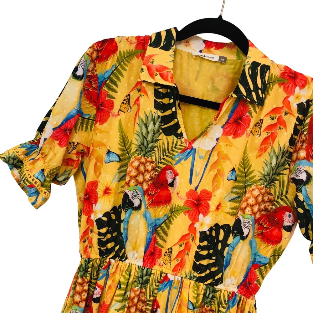 Maude Vivante Yellow Macaw Parrot Swiss Dot Dress Womens M Tropical Puff Sleeves